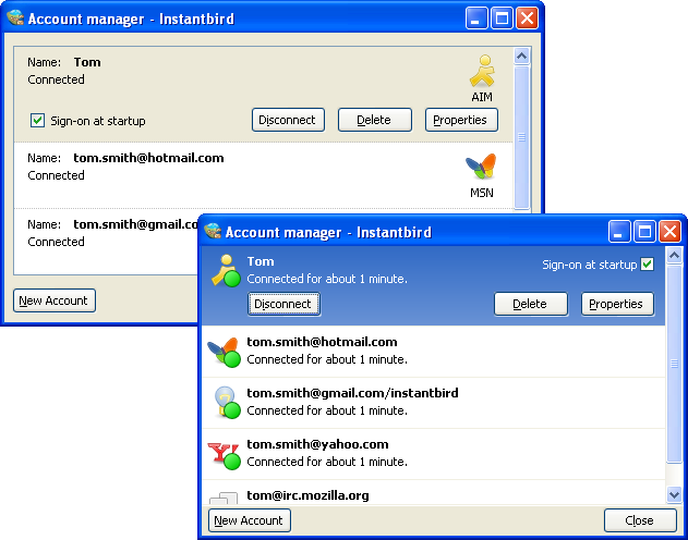 Account manager windows in Instantbird 0.2 and 0.1.3