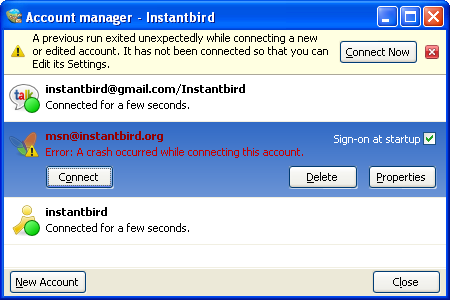 Account manager where an account was disabled because of a crash during the last connection attempt.