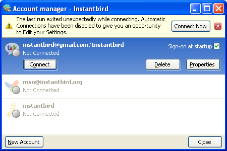 Account manager with automatic connection disabled and an error message explaining the problem