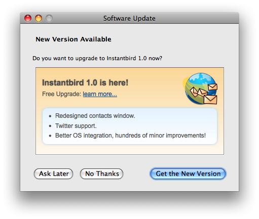 Dialog offering a major update to Instantbird 1.0