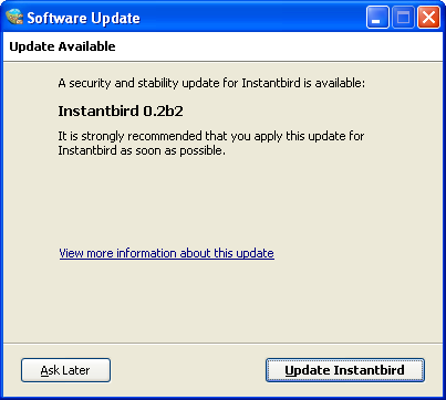 Dialog prompting the user to accept a security and stability update